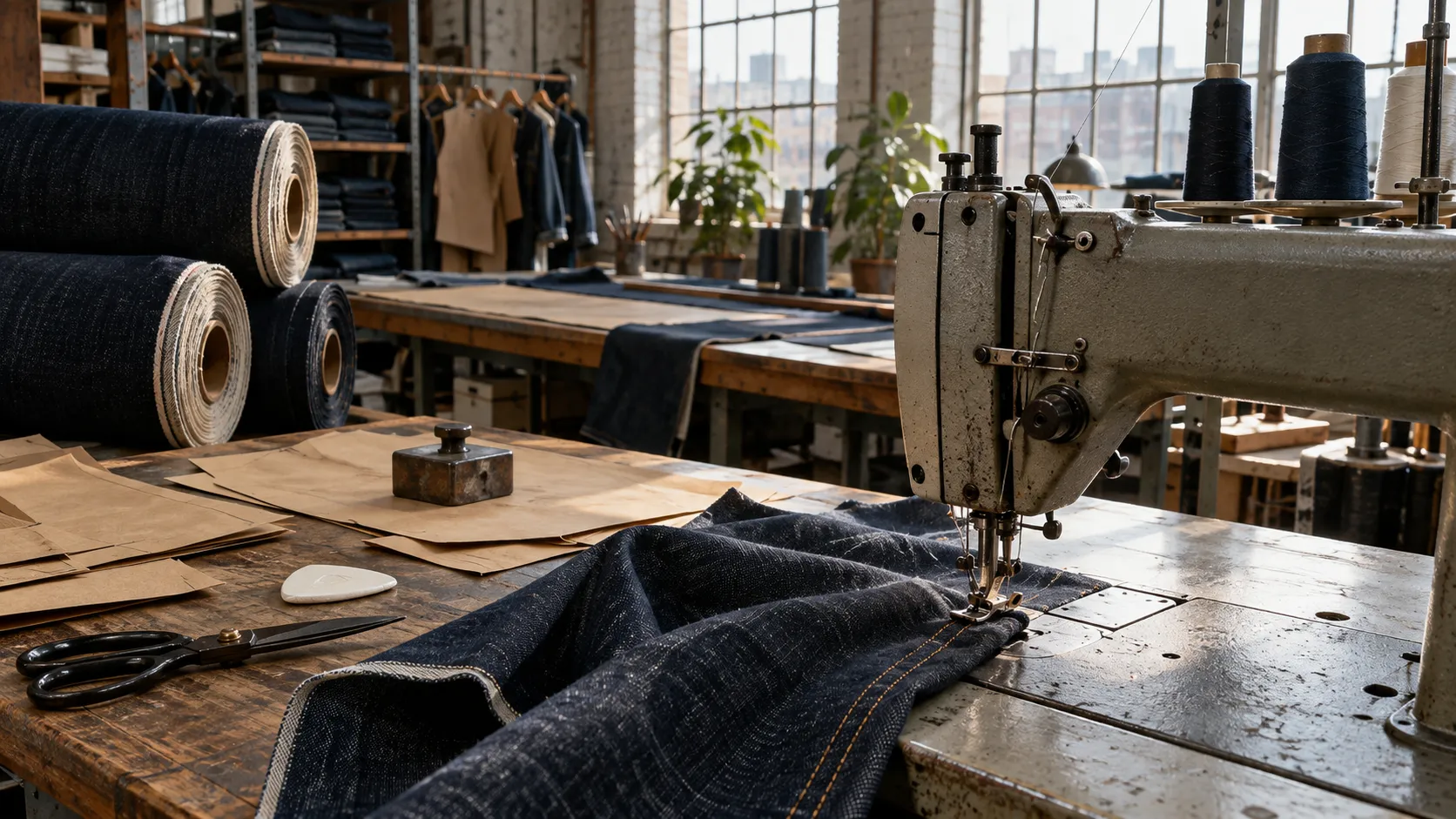Indigo selvedge denim on an industrial sewing machine in a small apparel workshop